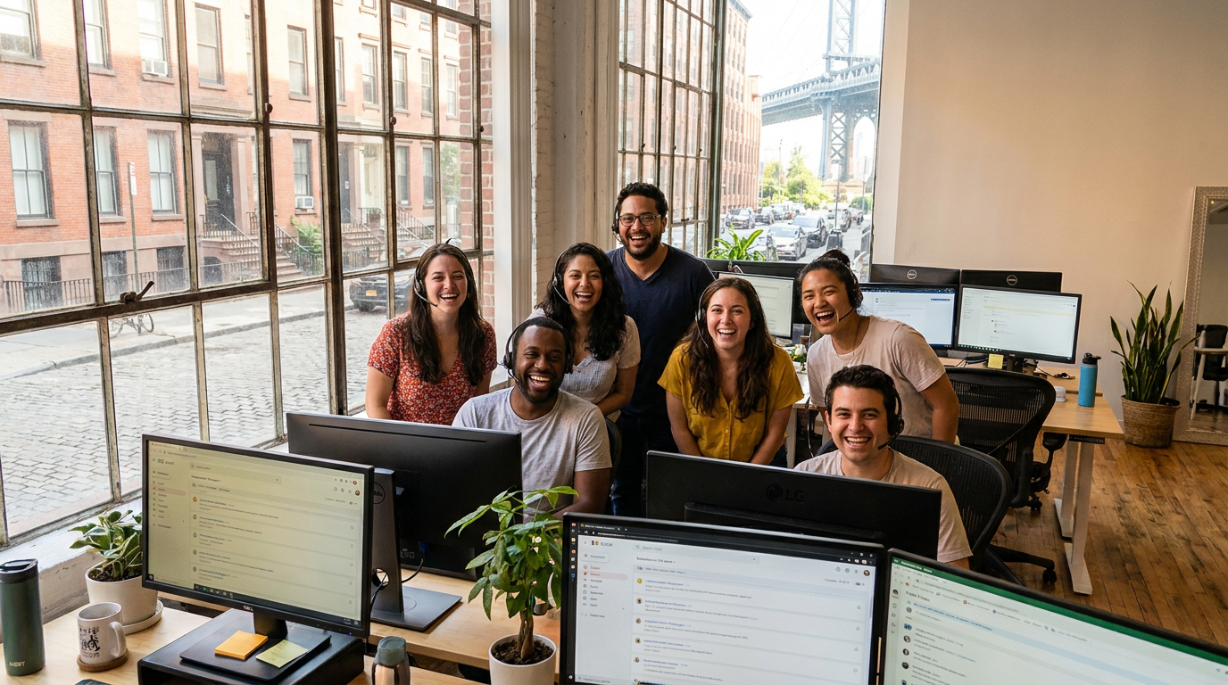Vertacomai team in their Brooklyn office near the Manhattan Bridge